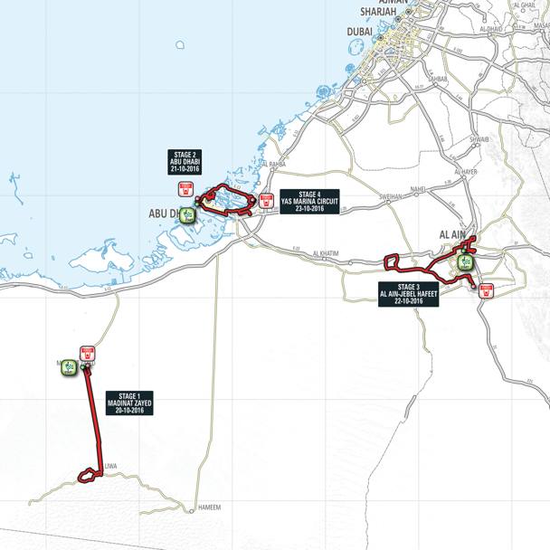 La planimetria generale dell&#39;Abu Dhabi Tour che si svolge dal 20 al 23 ottobre sulla distanza complessiva di 555 km